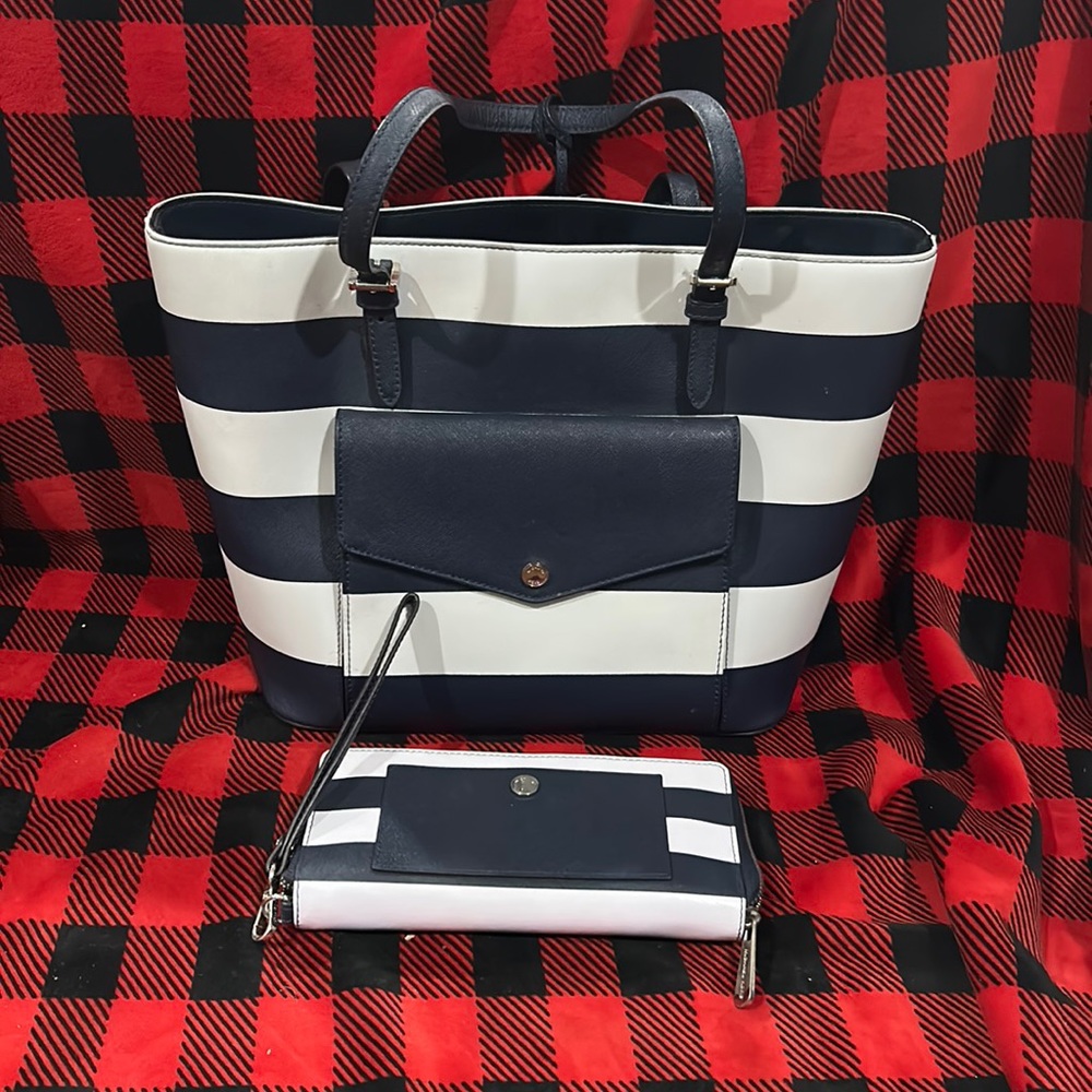 Michael Kors purse set navy and white stripes